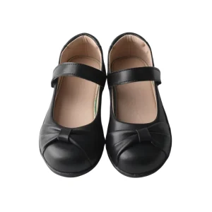 Girls Black Leather School Shoes with Bow Classic Mary Jane Strap Uniform Flats for Kids Non Slip Sole Student Dress Shoes