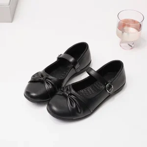 Girls Black Mary Jane Shoes Bow Decorations PU Leather Upper Rubber Midsole Buckle Strap Comfortable Breathable Footwear