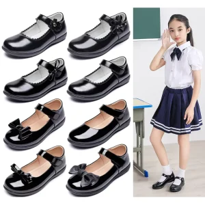 Girls Black Patent Leather Princess Performance Stage School Shoes Soft Sole Velcro Closure Low Cut Pumps Back to School Shoes