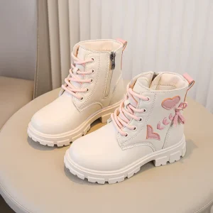 Girls Boots Kids Autumn and Winter Cotton Soft Sole Pink Love Side Zip Princess Round toe Snow Boots