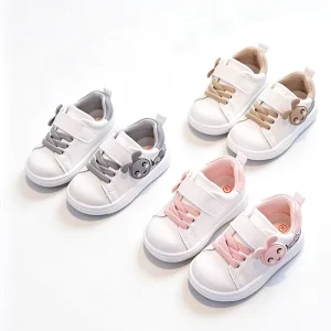 Girls’ Boy’s Cute Cartoon Pattern Velcro Closure Platform Board Shoes White Spring and Autumn New Casual