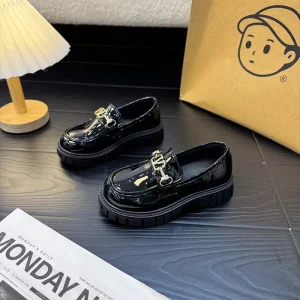 Girls’ Children’s Autumn New Bright PU Lace up EVA Outsole Student Shoes Black Fashion Tide