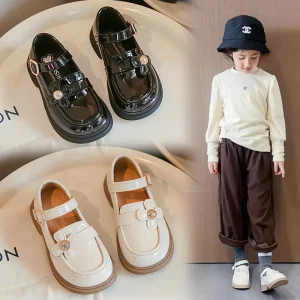 Girls’ Children’s British Style Princess Loafers Shoes Breathable Quick-Drying Rubber Midsole Outsole Spring Pu Shoes