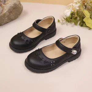Girls Children’s Fashion Comfortable Breathable Lightweight Summer Spring Loafers School Shoes Black PU Upper