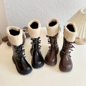 Girls’ Children’s Long Boots Autumn Winter Cotton Fleece-Lined Waterproof Warm ZIP Closure Flanging