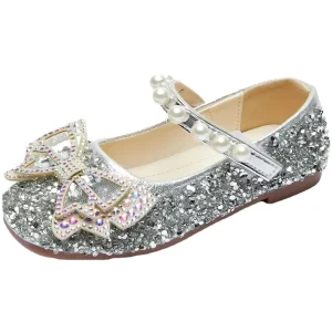 Girls Children’s PU Dress Shoes Sweet Fashion Princess Bowknot Rhinestone Design Soft Pearl Leather for Weddings
