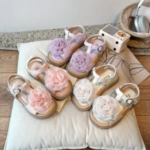Girls’ Children’s Princess Sandals Summer New Style Hook & Loop Closure TPR Outsole Ankle Soft Sole Shoes