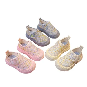 Girl’s Children’s Shoes Spring Summer Plaid Pattern Retro Velcro Design Casual Flats Loafers Knit Kids Casual Shoes