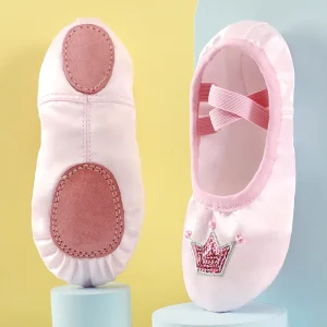 Girls’ Children’s Soft Ballet Shoes Anti Slip Soles Cat Claw Design Cotton Lining Crown Pattern Practice Dance Shoes