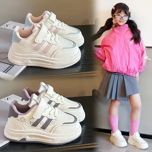 Girls’ Children’s Western Style Cute Cartoon Pattern Velcro Closure Platform Board Shoes White Spring New Casual Middle Big