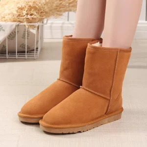 Girls Classic Midi Snow Boots Sheepskin Suede Leather Kids Women Winter Velvet Warm Shoes