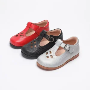 Girls Elegant Perforated Holes Princess Shoes with Buckle T Strap Girls Real Leather Children’s Dress Shoes