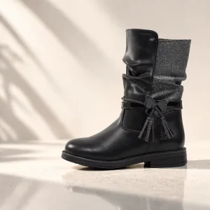 Girls Fashion Black Slouchy Mid-Calf Boot Kids Shiny PU Leather Boots with Glitter Tassel