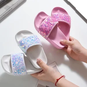 Girls’ Fashion Sequin Slides Casual Soft-Soled Non-Slip Beach Outdoor Slipper Sandals