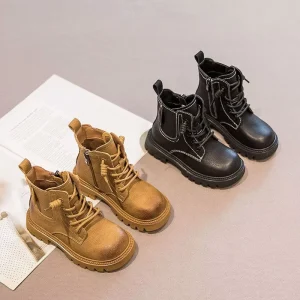 Girls Fashion Trend Children’s Waterproof PU Ankle Boots Non Slip Casual Shoes
