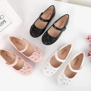 Girls’ Floral Embellished Mary Jane Dance Flats Multi-color Round Toe Kids Shoes