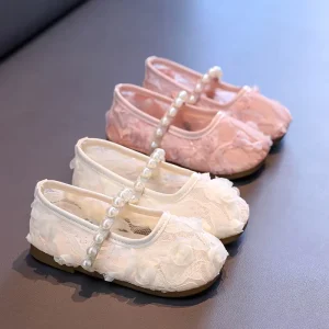 Girls’ Flower Petal Single Shoes Summer Sweet Mesh Pearl Solid Color Shoes Princess Shoes