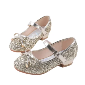 Girls Glitter Mary Jane Shoes Small Bow Decor Princess Style Wedding Party Dress Shoes Kids Dance Shoes Four Seasons