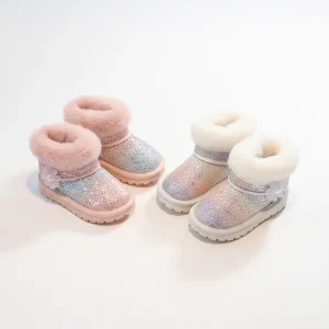 Girls Glitter Sequins Winter Snow Boots Kids Faux Fur Lined Warm Ankle Boots Slip-On Non-Slip Indoor Outdoor Casual