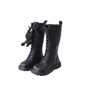 Girls High Boots Kids Solid Black Uniform Party Shoes Zip Winter Warm Breathable Low Heels Children Boots