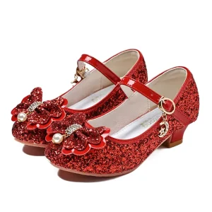 Girls’ High Heels Spring Children’s Princess Shoes Versatile Soft Sole Crystal Shoes for Girls’ Performance Leather Shoes