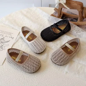 Girls Hollow Out Breathable Soft Sole Woven Loafers for Kids Spring Autumn Wear