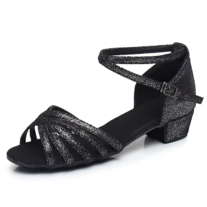Girls Kids Latin Dance Shoes Soft Black Synthetic Upper Cowhide Outsole Performance Dancing Shoes