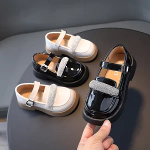 Girls Kids Patent Leather Flat Mary Jane Shoes Rhinestone Hook and Loop Closure TPR Outsole School Uniform Shoes