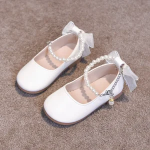 Girls Korean Style Shoes Pearl Bow Decor Soft Sole Non Slip Princess Leather Shoes for Kids