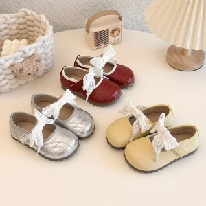 Girls’ Lace Bow Flats 3 6 Years Old Children’s Rhomboid PU Shoes Soft Sole