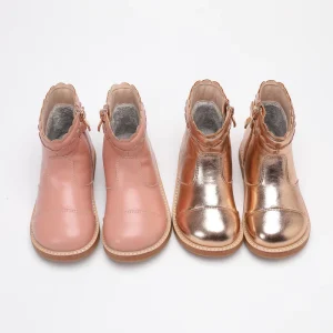 Girls Leather Ankle Boots Round Toe Chelsea Booties with Side Zipper Flat Printed Design Child Youth Dress Boot Low Heel