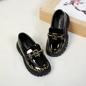 Girls’ Leather Ankle Loafers Spring New Bright Black Student Fashionable Slip on Trendy Rubber Outsole
