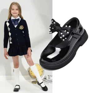 Girls’ Leather School Shoes with Pearl Bow Decor Comfortable Mary Jane Flats for Kids