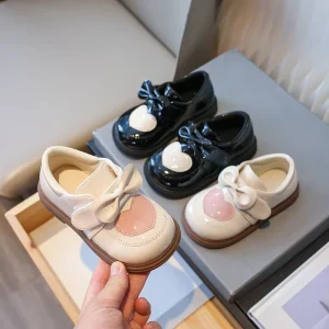 Girls’ Leather Shoes Age 3-8 Cute Heart Bowknot Kids Daily Casual Soft Sole Non-Slip Toddler