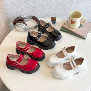 Girls Leather Shoes Autumn New Fashion Dual Magic Tape Princess Shoes for Middle and Big Kids Korean Soft Sole Flat Shoes