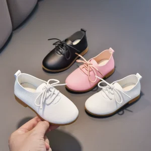 Girls’ Leather Shoes Spring New Style Little Girls’ Soft Sole Bean Shoes Medium and Large Children Shallow Mouth Single Shoes