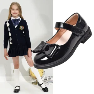 Girls’ Leather Shoes with Bow Decor Comfortable Mary Jane School Shoes for Kids