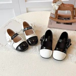 Girls Letter Flower Decor Soft Sole PU Leather Mary Jane Shoes Kids Performance Formal Party Dress Shoes