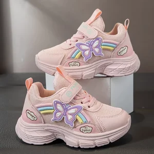 Girls’ Low-Cut Sneakers PU Mesh Upper Cotton Lining for Spring Autumn Running Fashionable Soft-Rubber Kids’ Sports Shoes