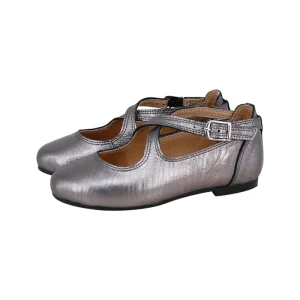 Girls Mary Jane Dress Shoes Pewter Color Adjustable Crisscross Buckle Strap Leaf Embossed Leather Summer
