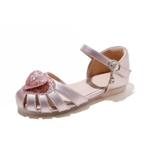 Girls Mary Jane Flats Buckle Strap Summer Princess Style Pink Glitter Heart Woven Lattice Fashion Trend Holiday Dress