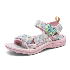 Girls Open Toe Sandals Hook and Loop Strap Checkered Pattern Butterfly Decor Non Slip Sole Custom Logo OEM ODM