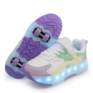 Girls’ Outdoor Sports Leather+Mesh Upper TPR Outsole Retractable 4-Wheel Deformation Walking Kick Spinning Top Roller Kids
