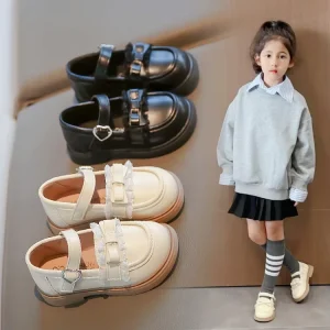 Girls PU Leather Wedding Dress Shoes Kids Baby Cute Bowknot Lace Princess Flat Shoes