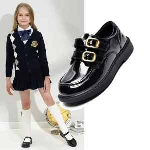 Girls PU Mary Jane School Shoes Anti Slippery Easy Fasten Magic Tape Straps Casual Uniform Lightweight Breathable Shoes for Kids