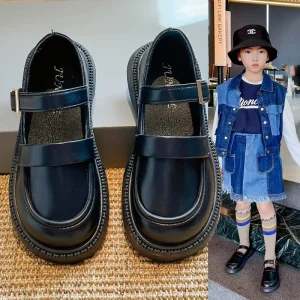 Girls PU Upper Anti Slip Mary Jane Flats Buckle Strap Comfortable Casual Performance Fashion Students Children’s Shoes
