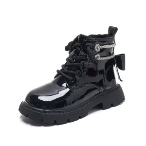 Girls’ Patent Leather Ankle Boots Fashion Lace Up Kids Martin Boots with Bow Rhinestone Decor Non Slip Platform Boots