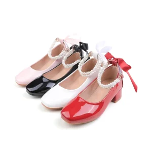 Girls Pearl Chain Bow Dress Shoes Multi Color Kids Dance Performance for Wedding Party Celebration Events Special Heel