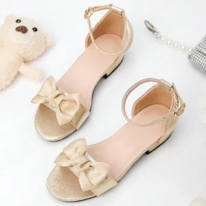 Girls Pink Bow Sandals Ankle Strap Block Heel Dress Shoes Princess Party Wedding Outdoor Footwear New