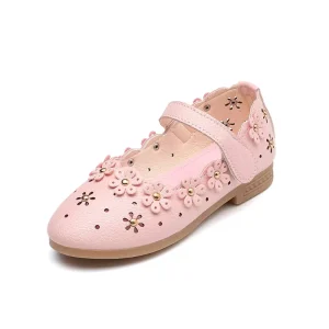 Girls Pink Mary Jane Shoes Faux Leather Flower Decor Hook & Loop Strap Breathable Perforated Kids Casual Dress Shoes